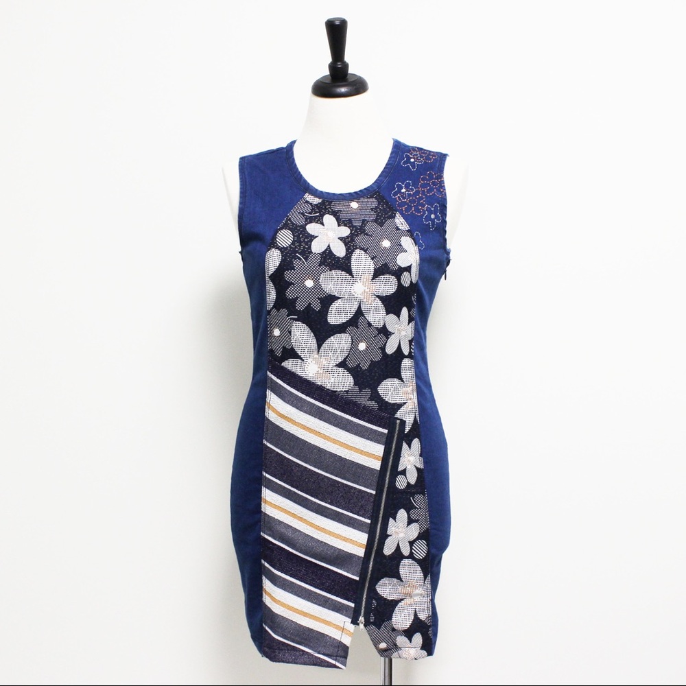 Desigual Blue Yellow Embroidered Floral Stripe Denim Sleeveless Form Fitting New